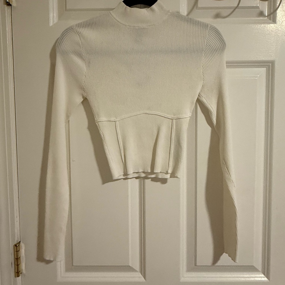 White Ribbed Long Sleeve Sweater